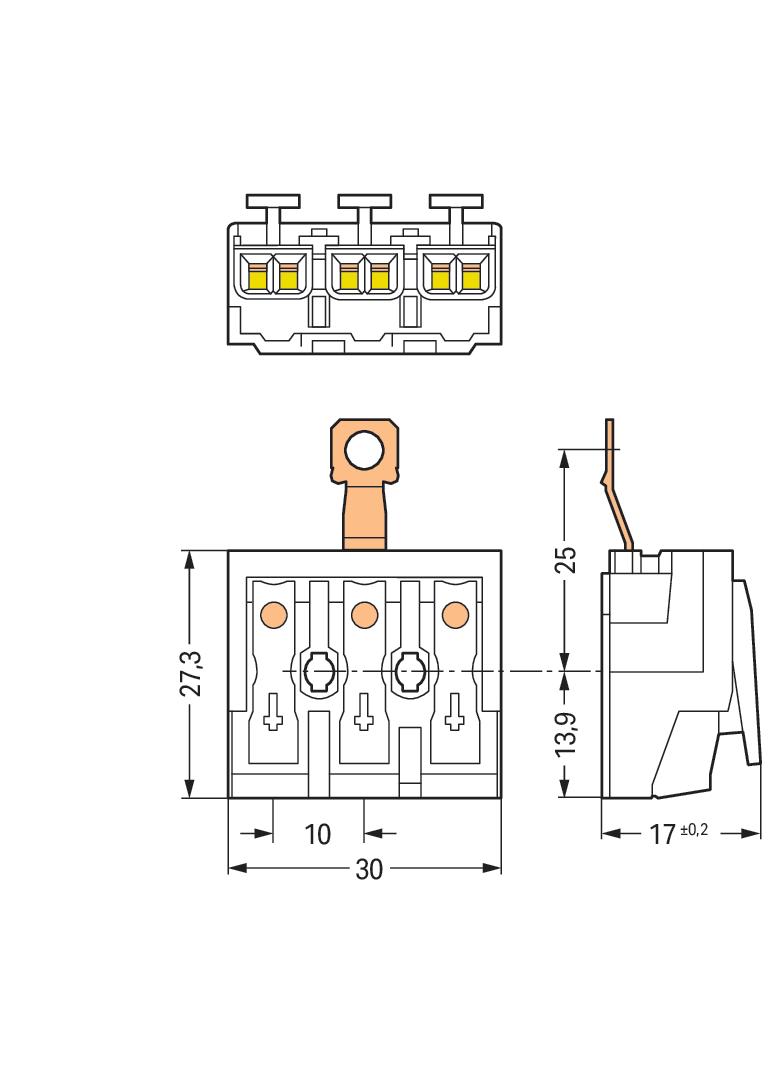 złączka zasilająca 3-biegunowa bez stopek ze stykiem PE