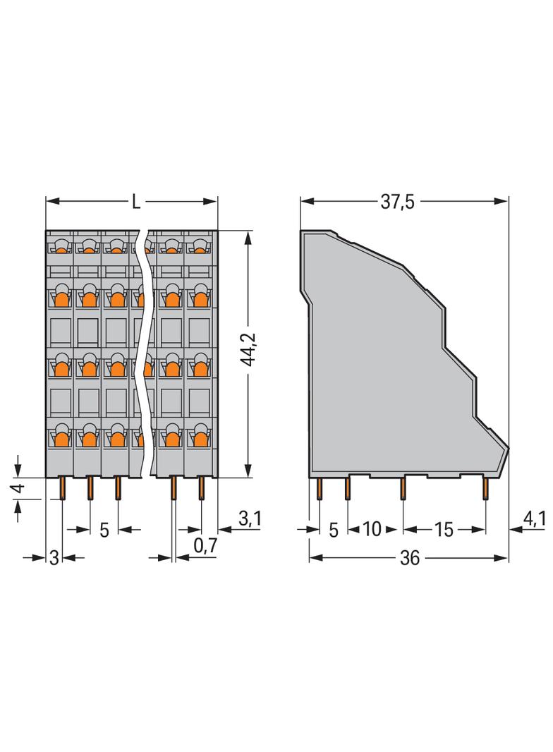 4-piętrowa listwa do pł. drukowanych 4 x 16 bieg. szara raster 5 mm /9szt./ WAGO