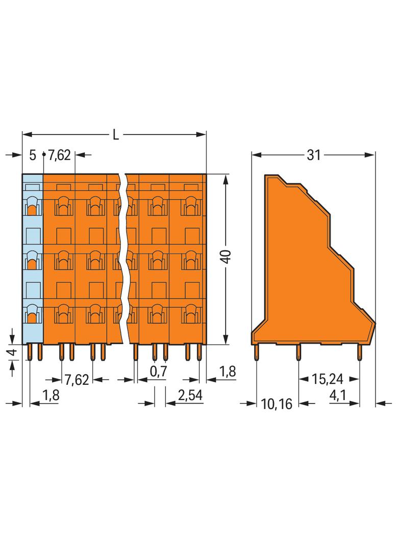 3-piętrowa listwa do pł. drukowanych 16-bieg. pomarańczowa raster 7,62 mm