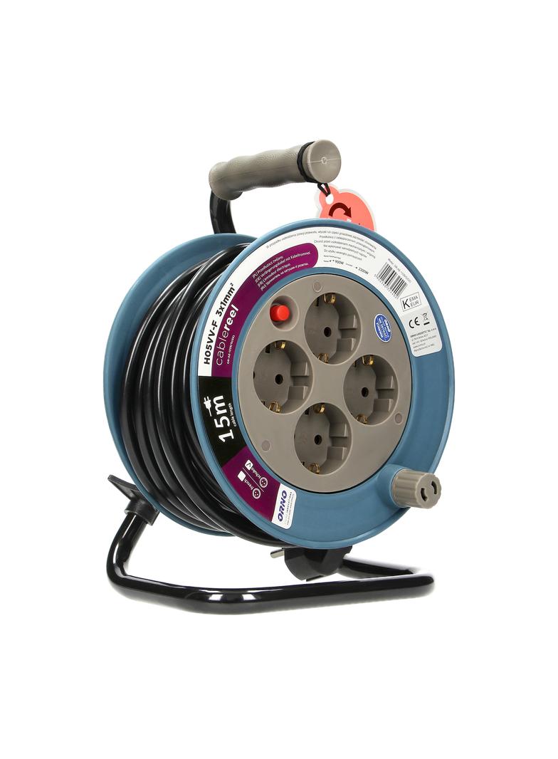 Przedłużacz bębnowy MINI 4 gniazda (Schuko) metalowy stojak polwinit H05VV-F 3x1mm2 długość15m szary