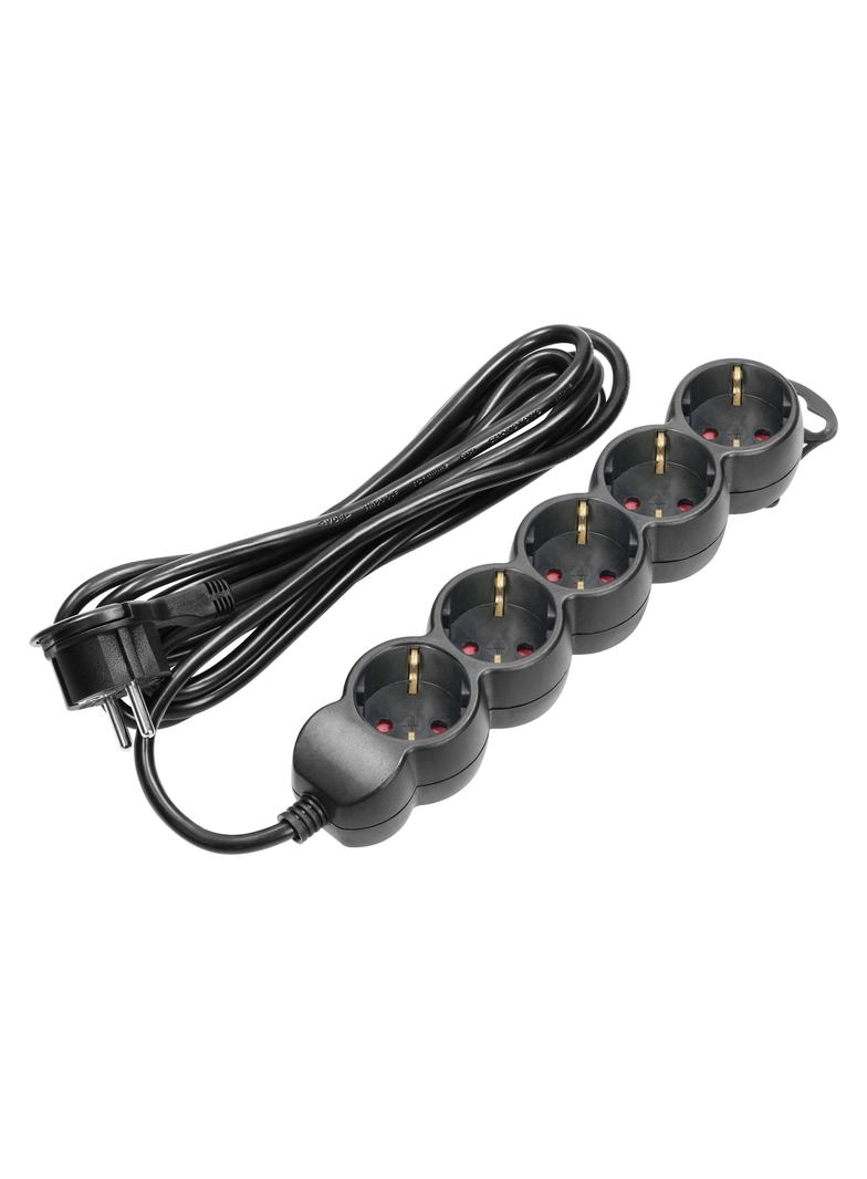 Przedłużacz 5-krotny 2P+Z (Schuko), 3m H05VV-F 3x1,5mm2, Imax=16A, płaska wtyczka, czarny