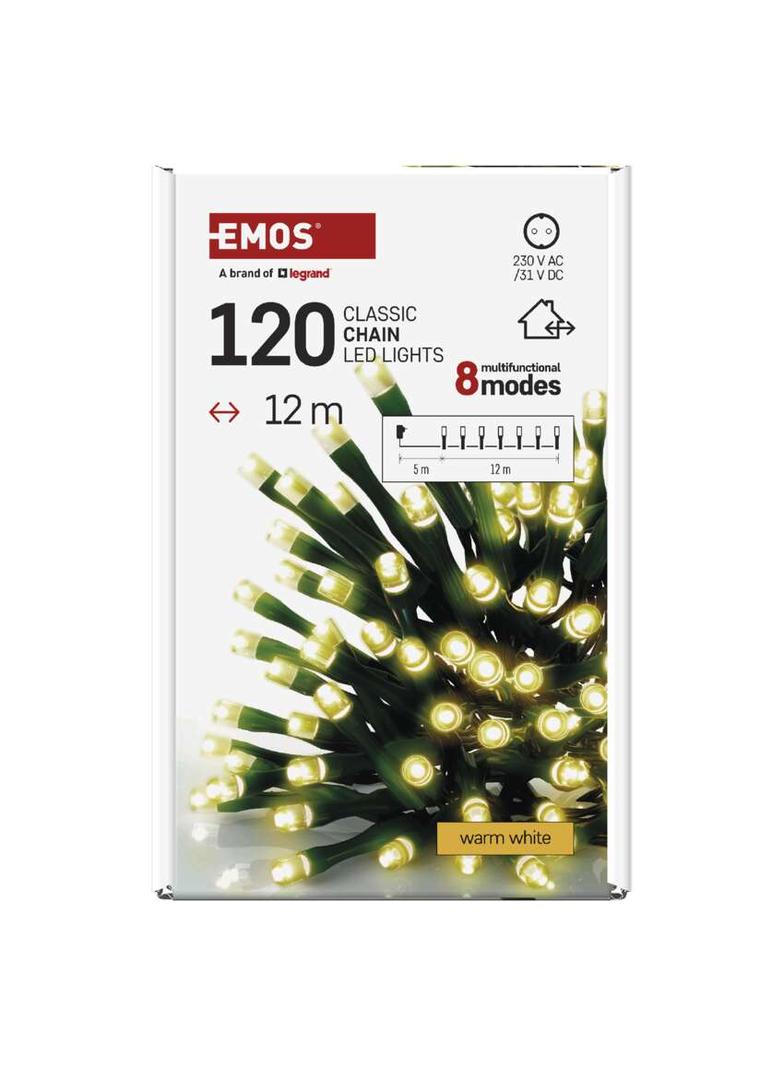 Lampki choinkowe Classic 120 LED 12m ciepła biel zielony przewód IP44 8 programów timer D4AW23 EMOS