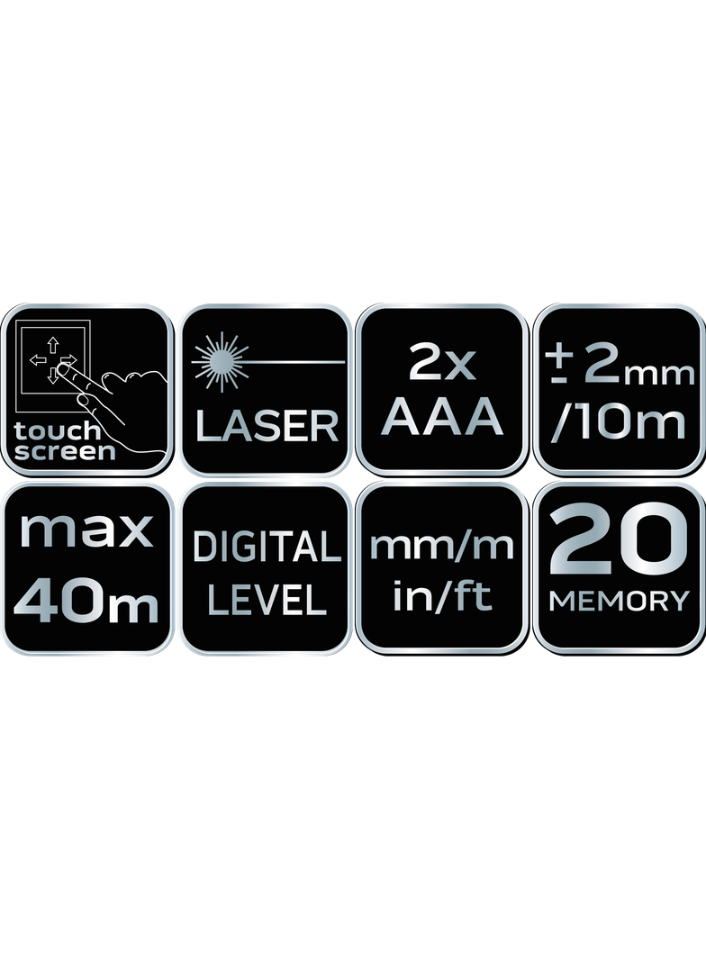 Dalmierz laserowy, zasięg 40 m, ekran dotykowy