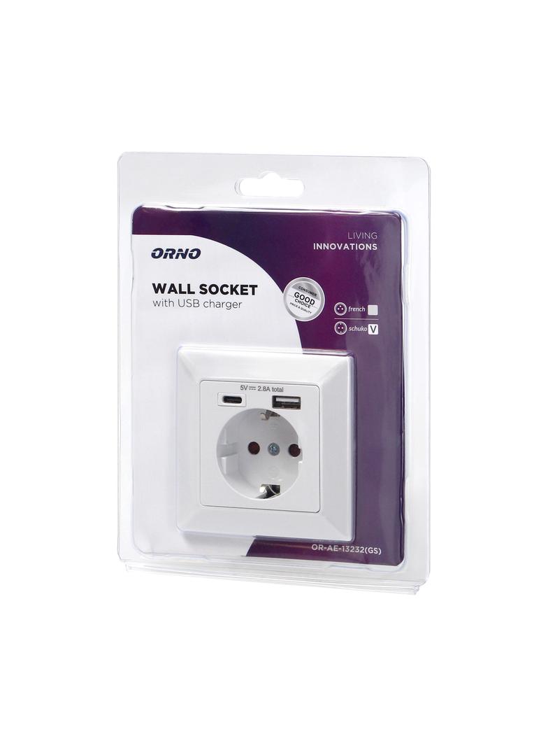 Gniazdo pojedyncze 2P+Z (Schuko), USB-A + USB-C, ,Wyjście 5VDC Max 2,8A OR-AE-13232(GS) ORNO