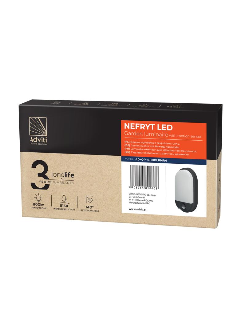 NEFRYT LED 10W, oprawa ogrodowa z czujnikiem ruchu, 800lm, IP54, 4000K, czarna AD-OP-6110BLPMR4 ORNO