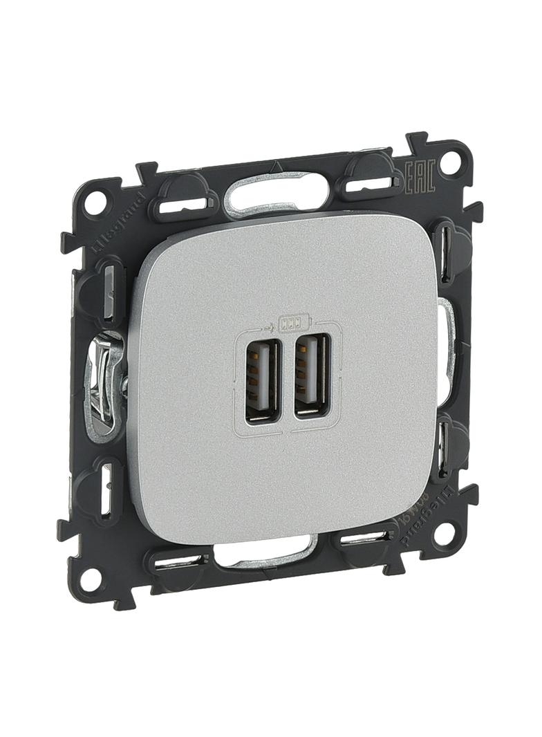 VALENA ALLURE - GNIAZDO ŁADOWANIA USB PODWÓJNE ALUMINIUM, Legrand