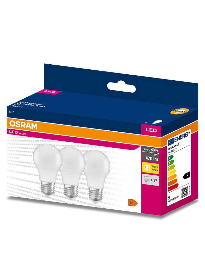 Żarówka LED x3 A55 E27 4.9W = 40W 470lm 3000K Ciepła 200° VALUE CLASSIC Osram