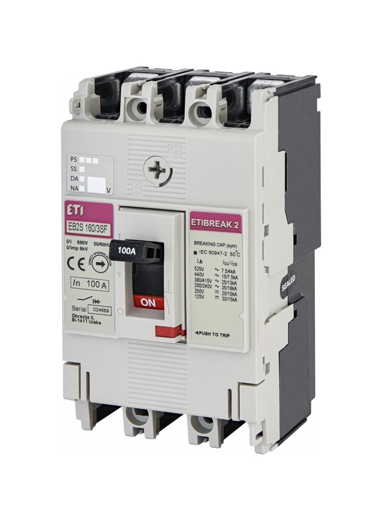 Wyłącznik mocy 3P 25kA wyzw. TM (bez regulacji) EB2S 160/3SF 100A 3P 004671835 ETI