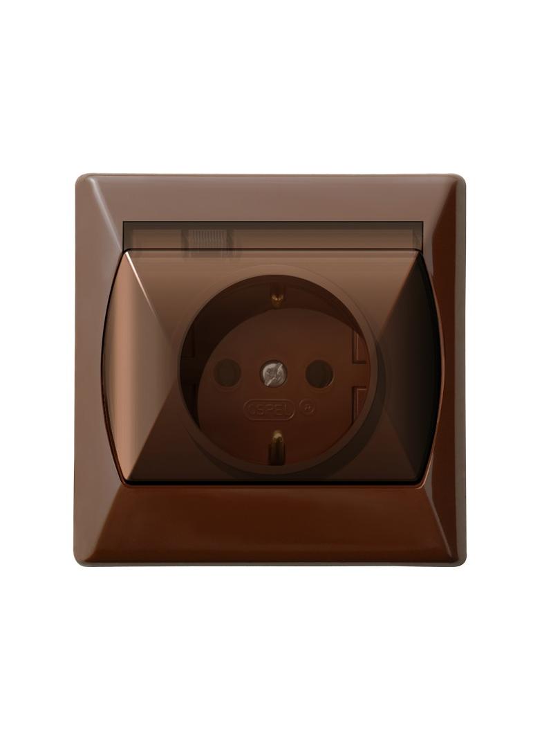 AKCENT Gniazdo bryzgoszczelne z uziemieniem schuko IP-44 wieczko przezroczyste - kolor brązowy