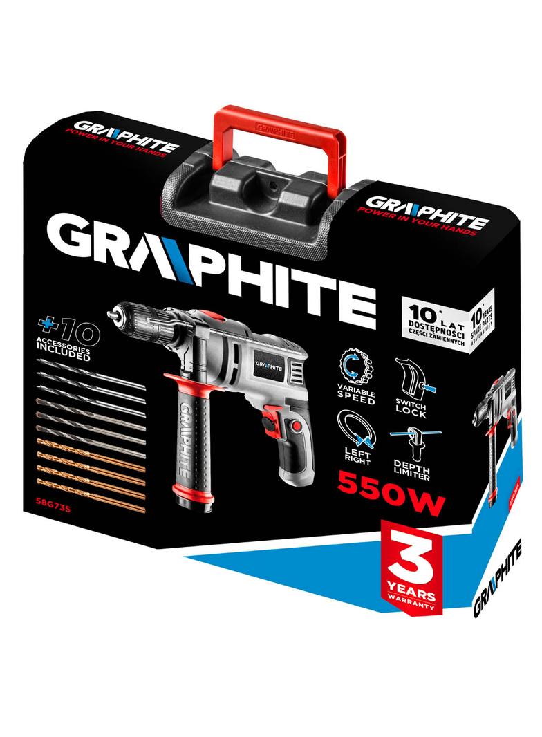 Wiertarka udarowa 550W, uchwyt samozaciskowy 13 mm, obroty 0-3000 min?1, walizka + 10 wierteł