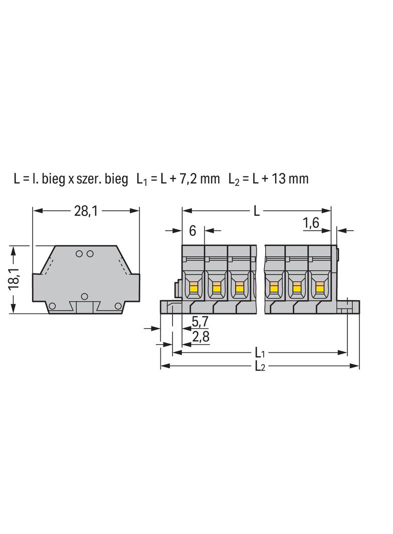 Listwa zaciskowa 2‑przewodowa 2,5mm2 6‑torowa szara z mocowaniem śrubowym 261‑426 /50szt./ WAGO