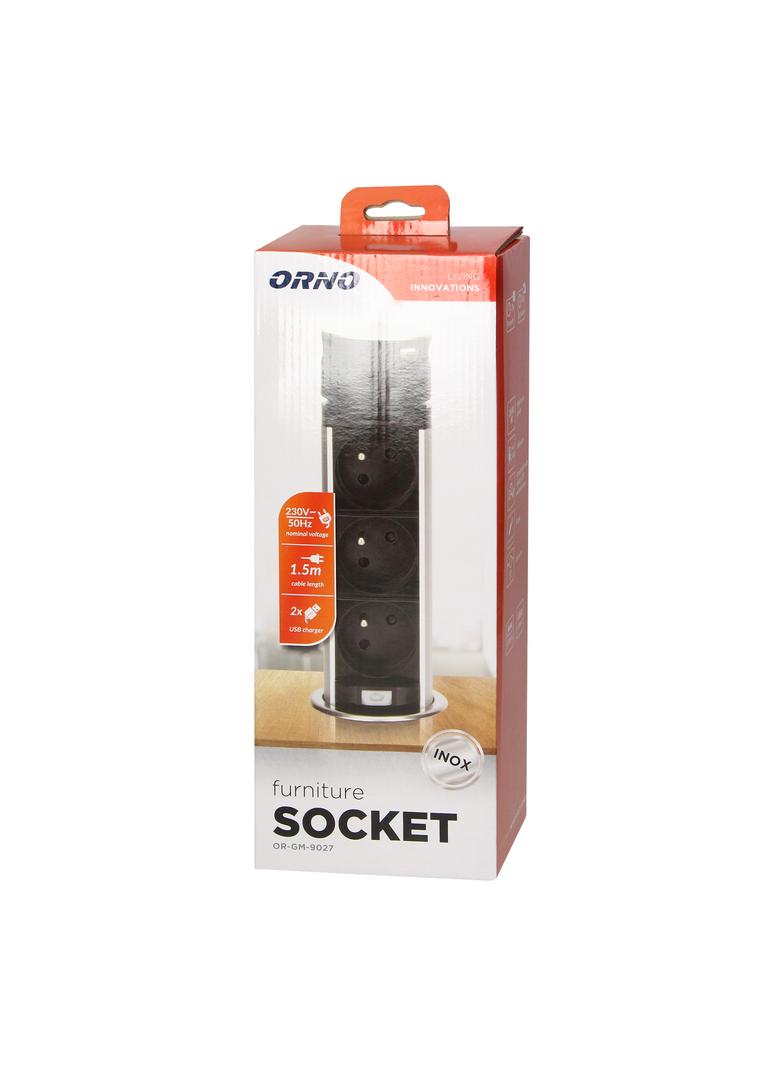 Gniazdo meblowe O6cm wysuwane z blatu z ładowarką USB i przewodem 1,5m 3x2P+Z 2xUSB (typ A i typ C O
