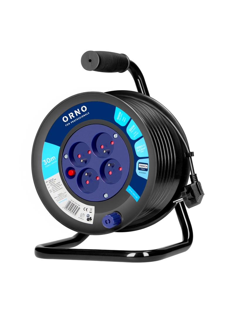 Przedłużacz bębnowy, 4 gniazda 2P+Z, kabel PVC H05VV-F 3x1.5mm2, 30m, termik, przesłony torów prądow