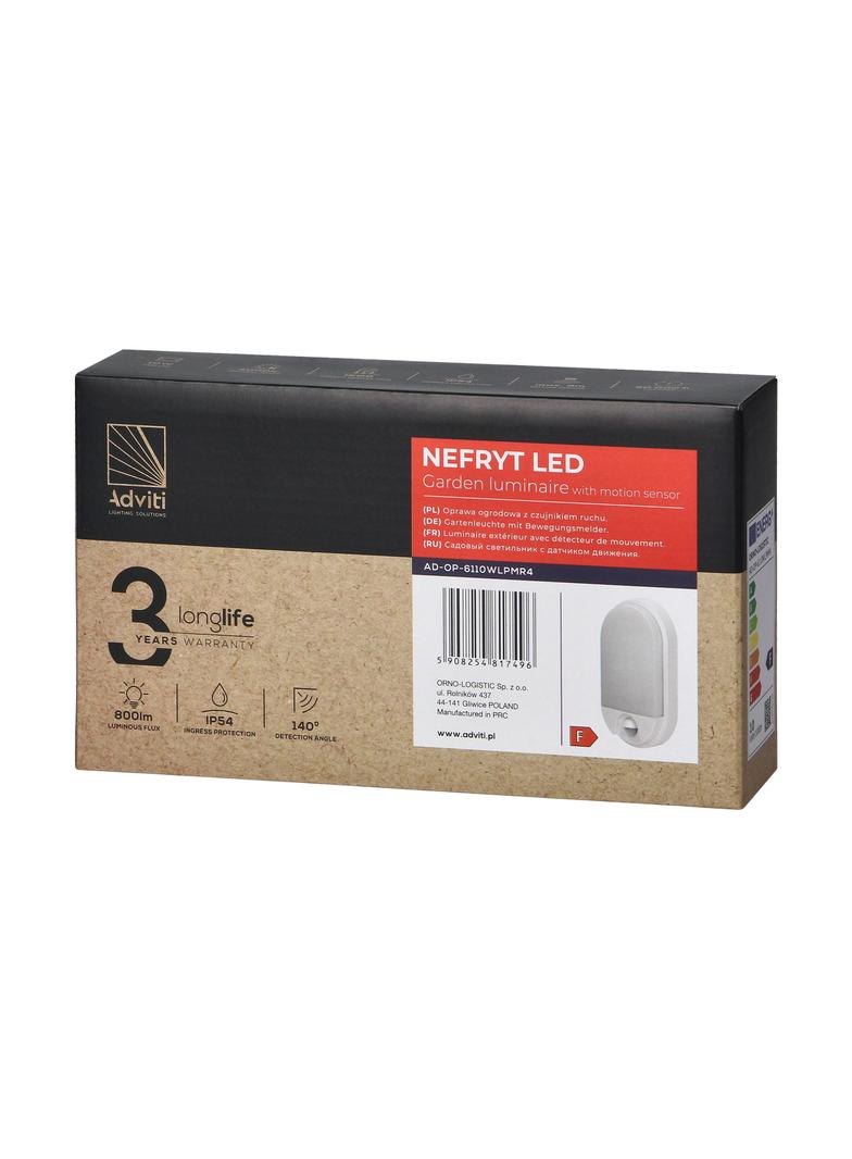 NEFRYT LED 10W, oprawa ogrodowa z czujnikiem ruchu 140st, 850lm, IP54, 4000K, biała AD-OP-6110WLPMR4 ORNO