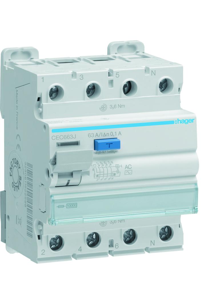 RCCB Wyłącznik różnicowoprądowy 3P+N 63A 100mA 10kA AC