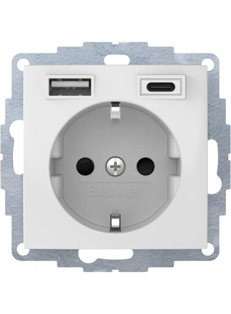 B.x Gniazdo SCHUKO z ładowarką USB A+C 2.4/3.0 A; samozaciski biały połysk 48048989 HAGER