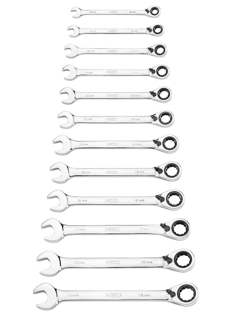 Klucze płasko oczkowe z grzechotką i przełącznikiem, zestaw 12 szt., 8 - 19 mm, miękkie etui