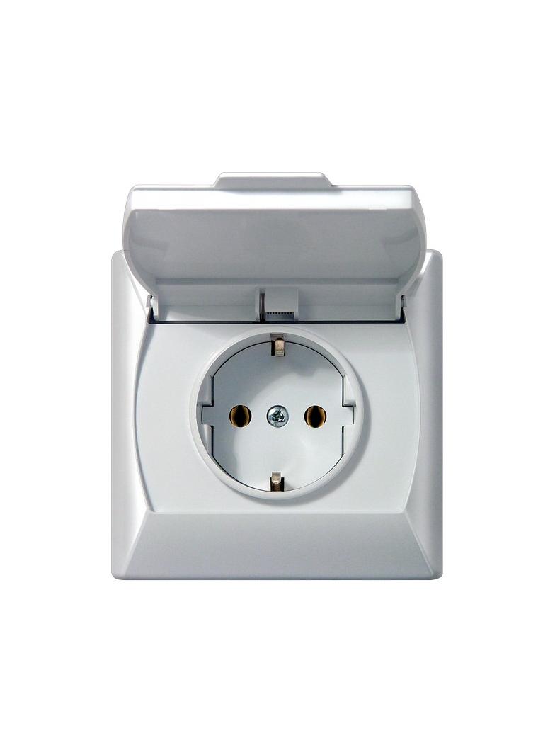 AKCENT Gniazdo bryzgoszczelne z uziemieniem schuko IP-44 wieczko przezroczyste - kolor biały