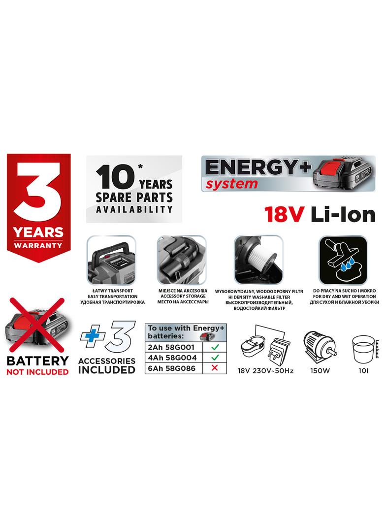 Odkurzacz warsztatowy Energy+ 18V, Li-Ion, 10 L