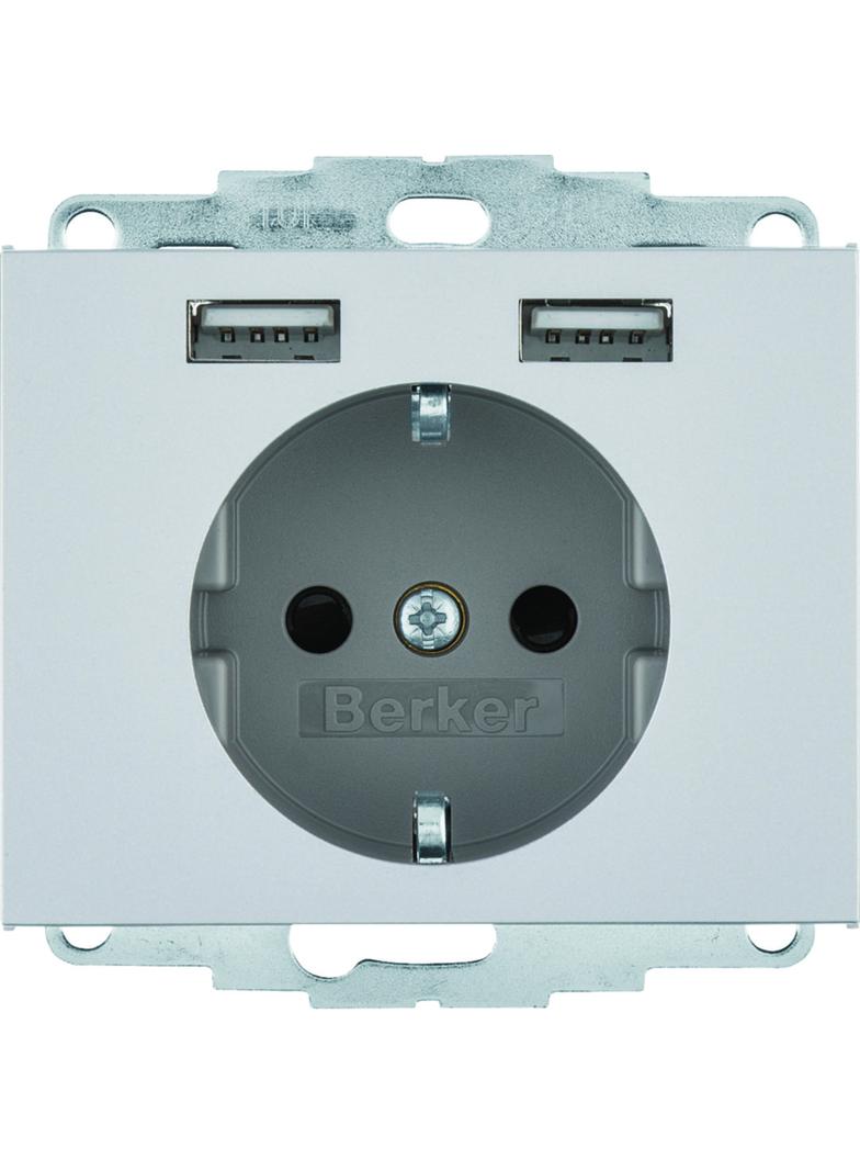 K.5 Gniazdo SCHUKO z gniazdem ładowania USB 2,4 A; samozaciski; aluminium mat