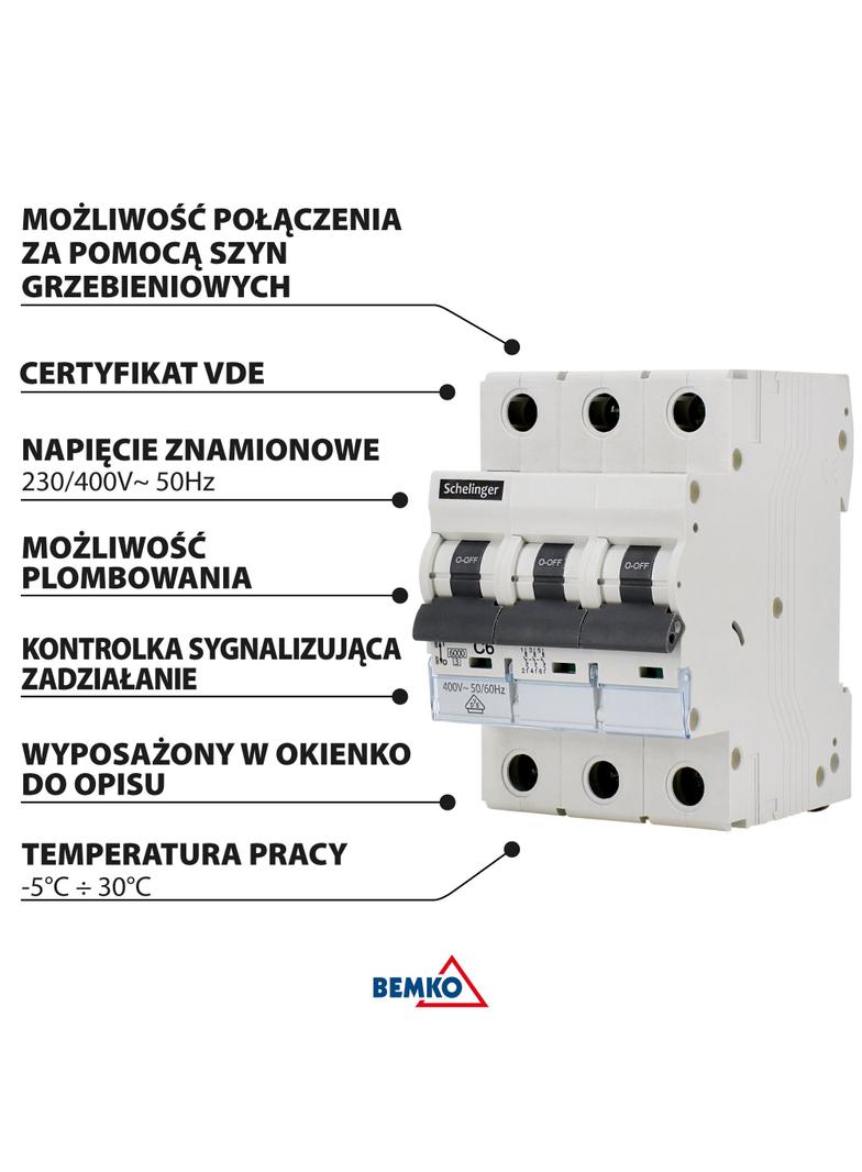 WYŁĄCZNIK NADPRĄDOWY 6KA 3P C 13A SCHELINGER A02-G8-3P-C13 BEMKO
