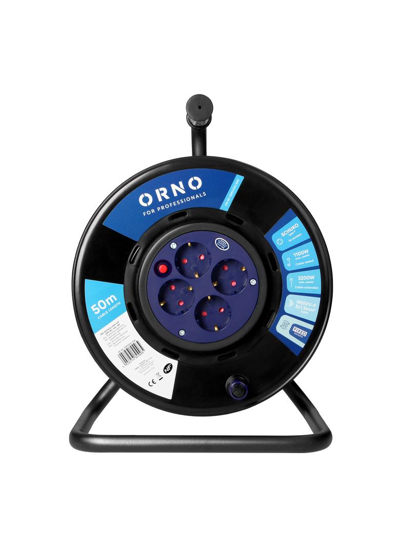 Przedłużacz bębnowy, 4 gniazda 2P+Z Schuko, kabel PVC H05VV-F 3x1,5mm2, długość - 50m, STAŁE GNIAZDA