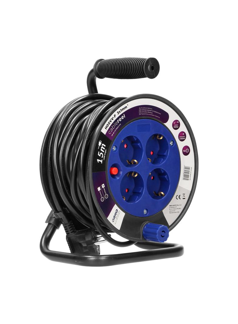 Przedłużacz bębnowy MINI 4 gniazda (Schuko) metalowy stojak polwinit H05VV-F 3x1mm2 - 15m OR-AE-1317