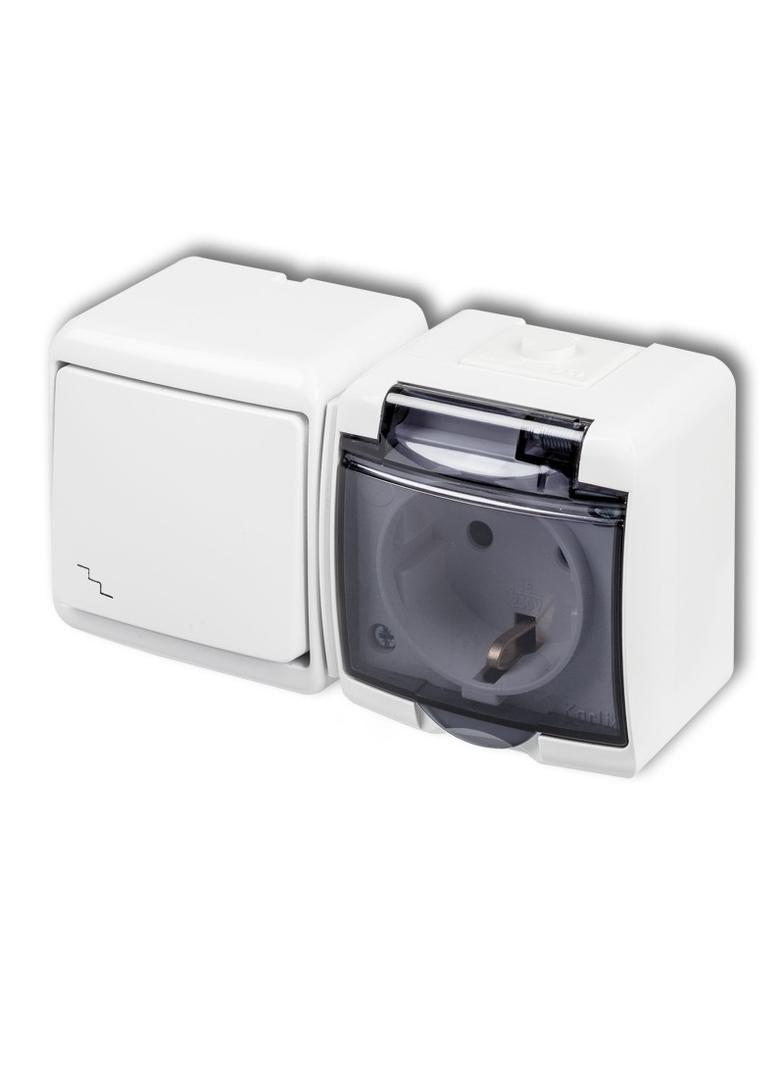 JUNIOR Łącznik schodowy z gniazdem pojedynczym z uziemieniem SCHUKO 2P+Z (klapka dymna; bez przesłon