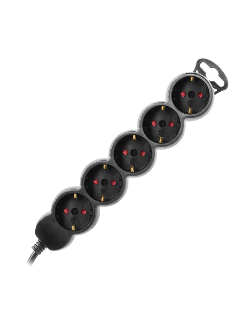 Przedłużacz 5-krotny 2P+Z (Schuko), 5m H05VV-F 3x1,5mm2, Imax=16A, płaska wtyczka, czarny