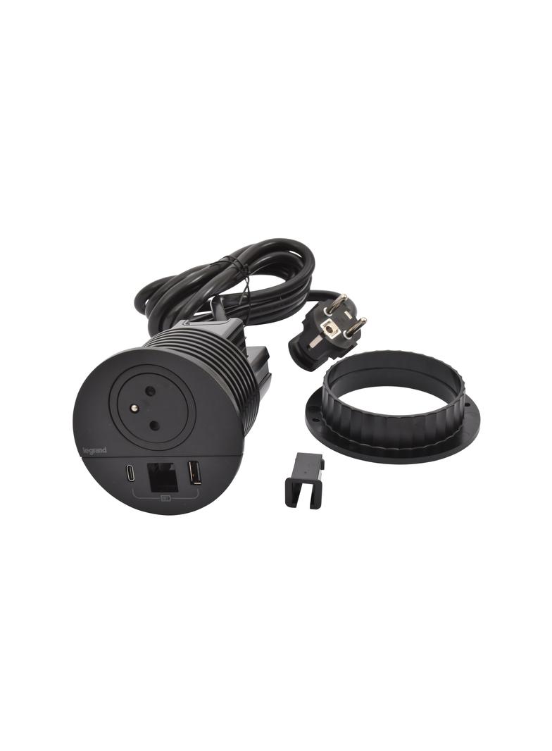 INCARA: DISQ 80 - 2P+Z / USB A+C / WYJŚCIE KABLOWE - 2,0 M-CZARNY, Legrand