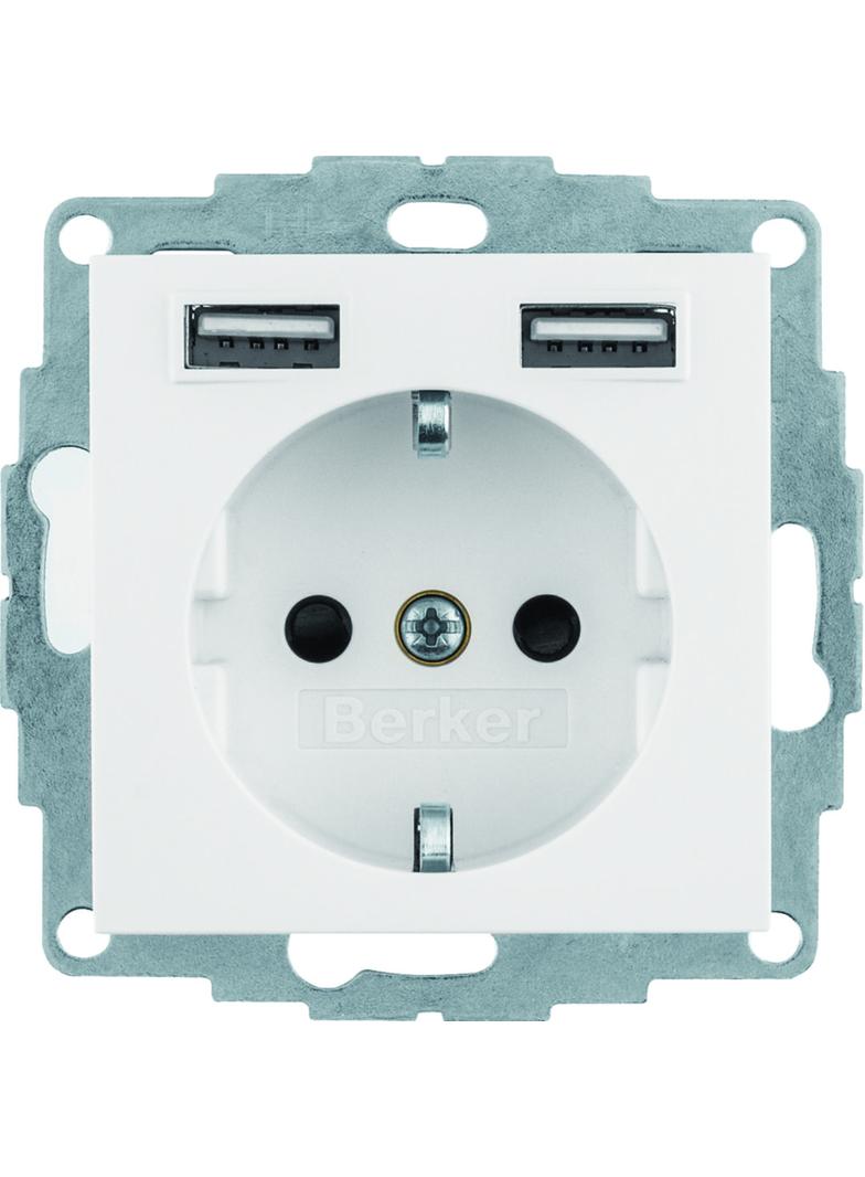 B.3/B.7 Gniazdo SCHUKO z gniazdem ładowania USB 2,4 A; samozaciski; biały mat