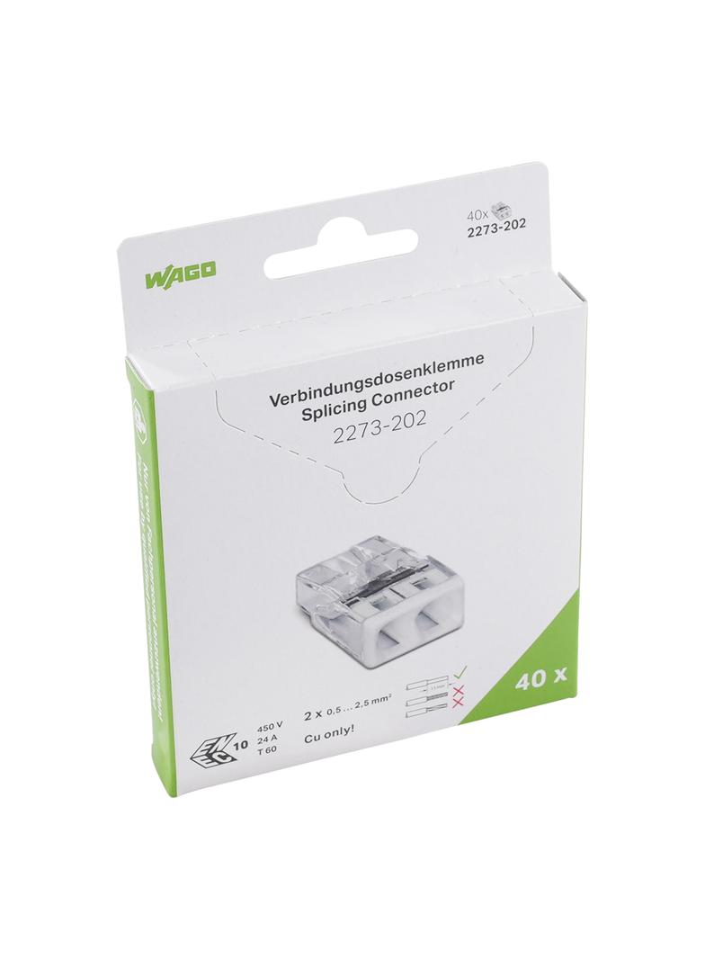 Szybkozłączka 2x 0,5‑2,5mm2 transparentna 2273‑202, 2273‑202/995‑040 /40szt./ WAGO