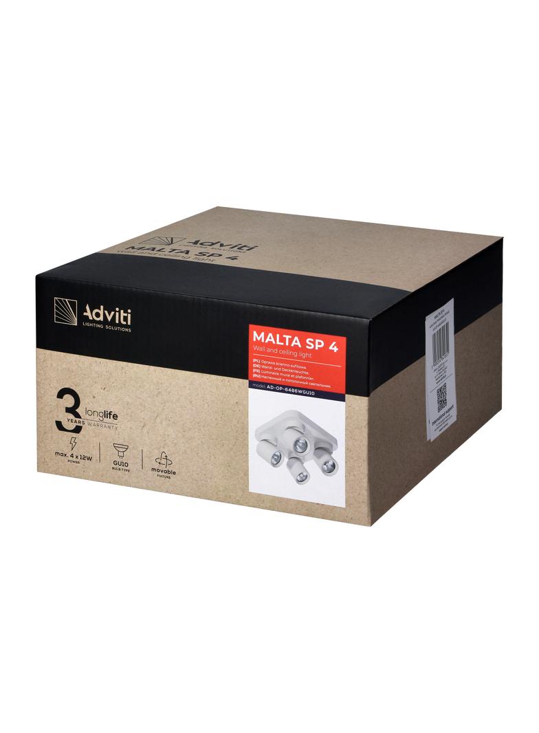 MALTA SP 4, oprawa ścienno-sufitowa, GU10 max. 4x12W, IP20, biała, kwadratowa podstawa AD-OP-6486WGU10 ORNO
