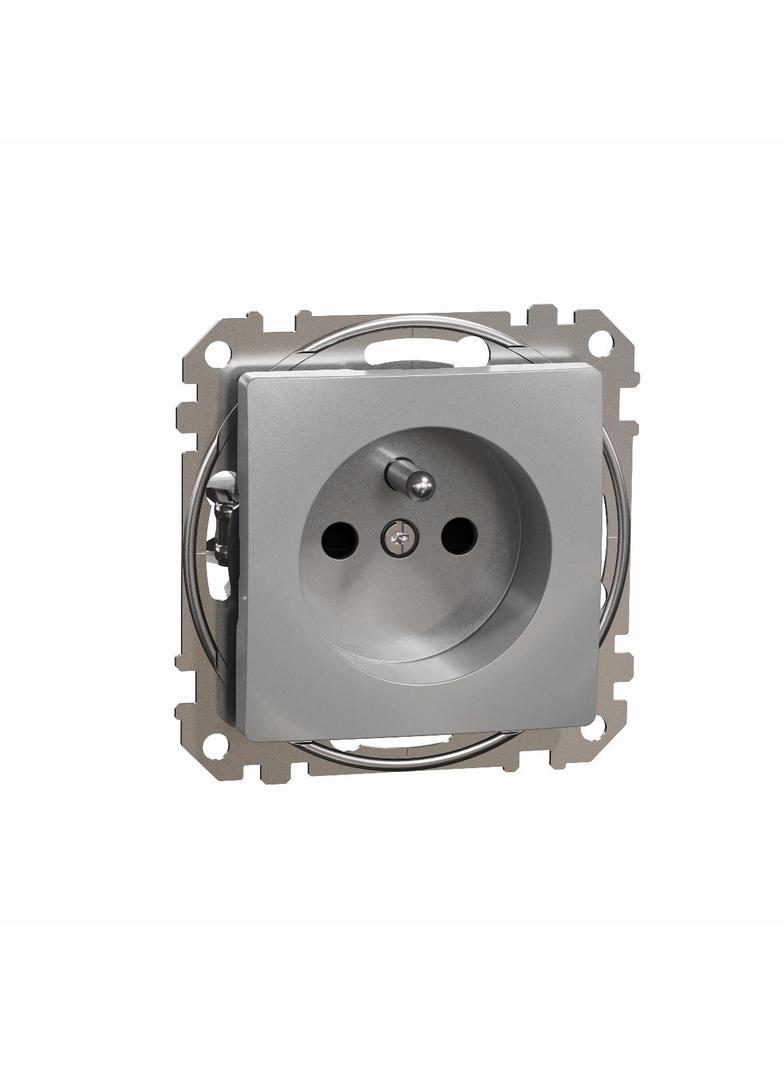 Sedna Design & Elements, gniazdo 2P+PE z przesłonami (zaciski bezgwintowe), srebrne aluminium