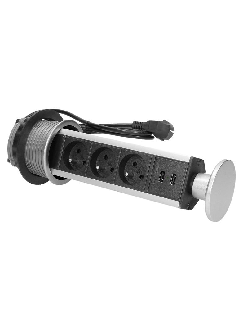 Gniazdo meblowe O8cm wysuwane z blatu z ładowarką USB i przewodem 1,8m, 3x2P+Z, 2xUSB