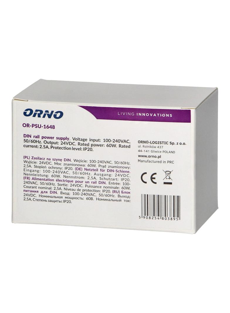 Zasilacz na szynę DIN 24VDC, 2,5A, 60W, szerokość 3 moduły OR-PSU-1648 ORNO