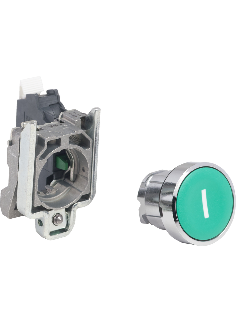 Harmony XB4 Metalowy przycisk, Zielony, 1 NO, Białe ozn. I, Okrągły, Płaski
