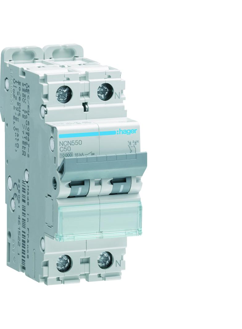 MCB Wyłącznik nadprądowy 10kA/15kA 1P+N C 50A NCN550 HAGER