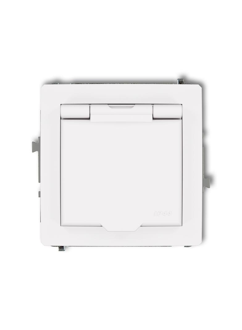 DECO Mechanizm gniazda bryzgoszczelnego z uziemieniem 2P+Z (klapka biała, przesłony torów prądowych)