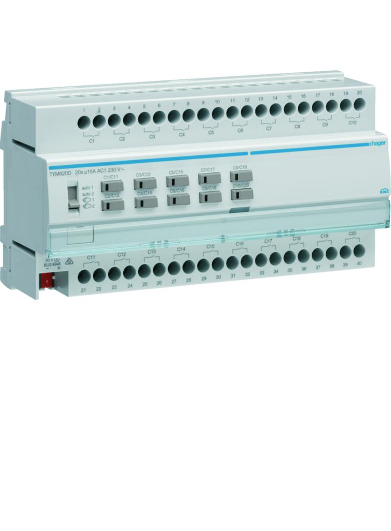 KNX system Sterownik załączający/żaluzjowy 20-/10-krotny 16A C-load 10 mod. TYM620D HAGER