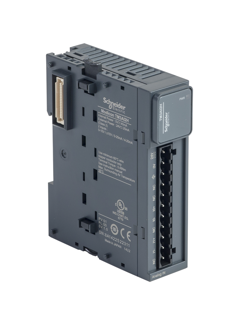 Modicon TM3, moduł wejść analogowych, 2 wejścia prąd/napięcie, wysoka rozdzielczość, zaciski śrubowe