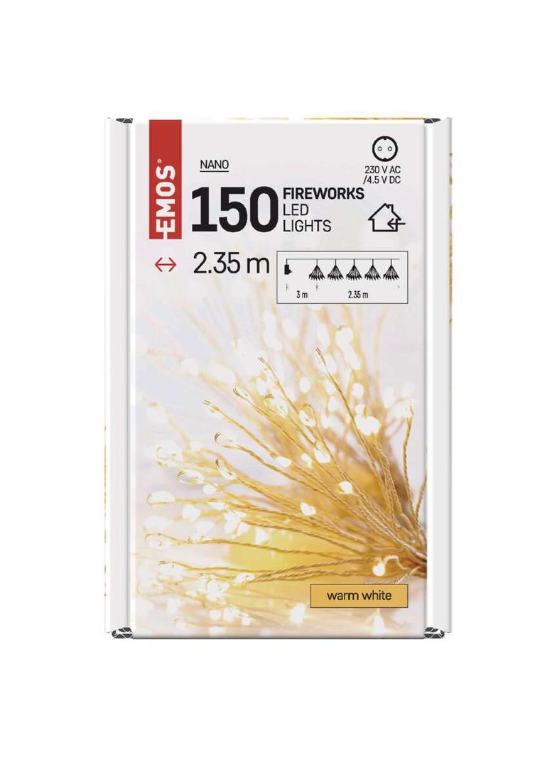 Dekoracje lampki 150 LED 2,35 m nano łezki frędzle ciepła biel, przeźroczysty przewód IP20 timer D3AW08 EMOS