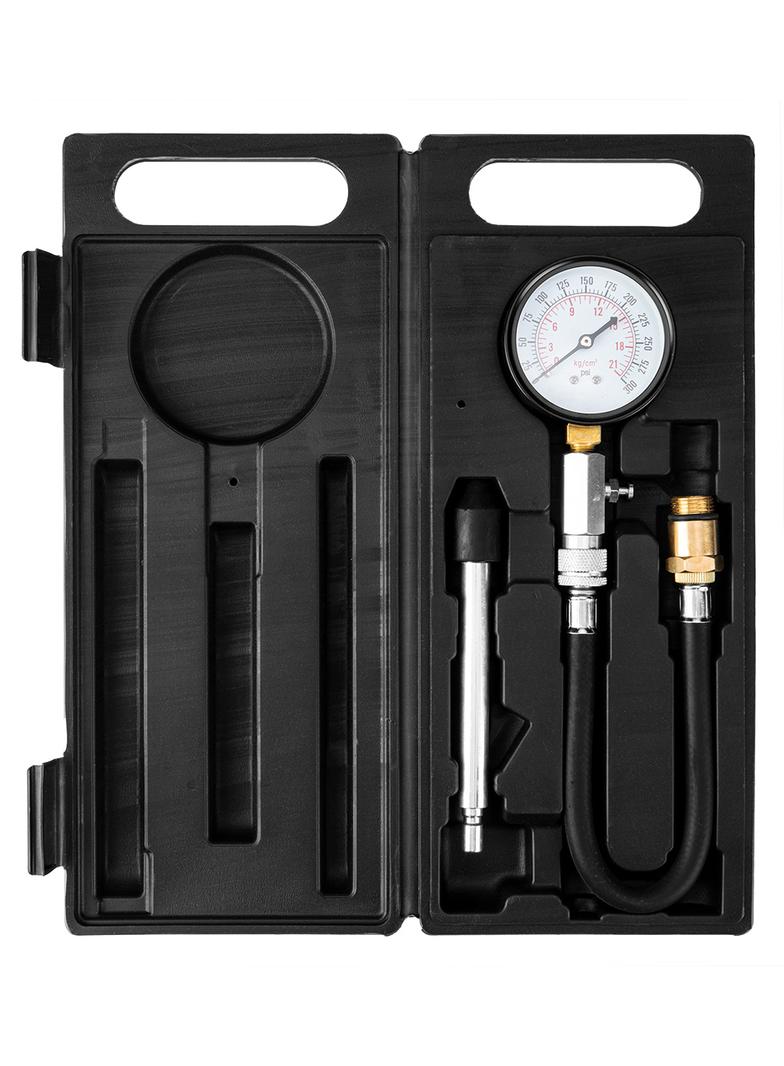 Miernik ciśnienia sprężania z zestawem adapterów.