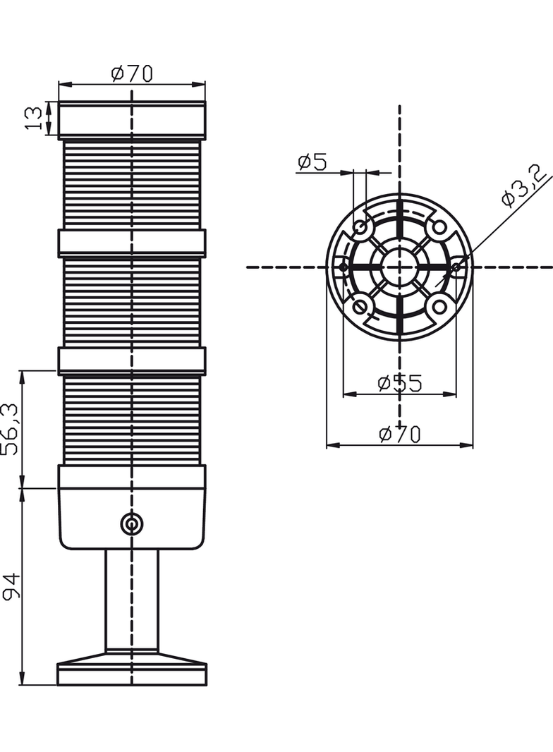 KOLUMNA SYGNALIZACYJNA 70MM KOMPLETNA LED CZERW,ŻÓŁTY,ZIELONY 230VAC