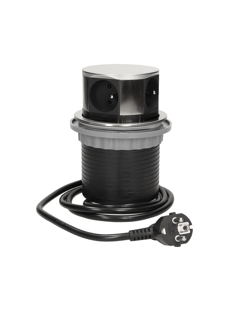 Gniazdo okrągłe wysuwane z blatu 3x250V AC +2xUSB z przewodem 1,5m, INOX
