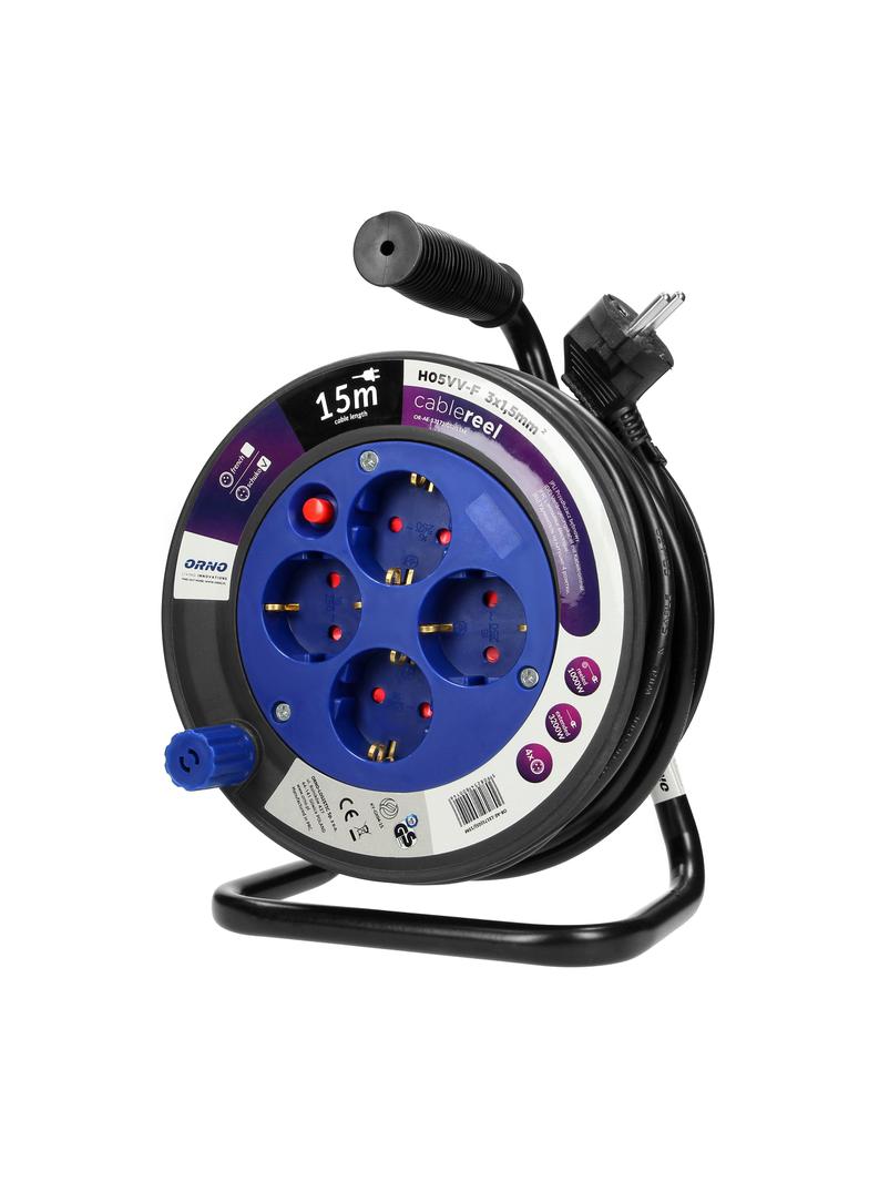 Przedłużacz bębnowy MINI 4 gniazda (Schuko) metalowy stojak polwinit H05VV-F 3x1.5mm2 - 15m OR-AE-13