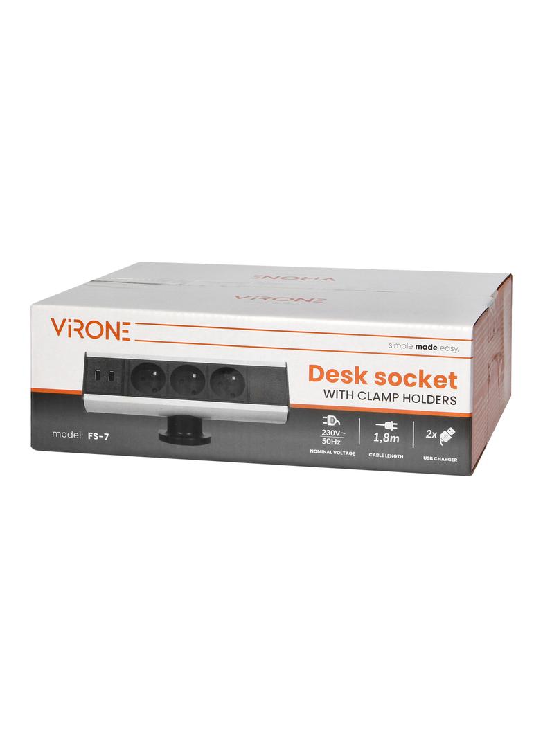 Gniazdo meblowe z uchwytem montażowym ładowarką USB i przewodem 1,8m 3x2P+Z 2xUSB (typ A 2,1A) FS-7