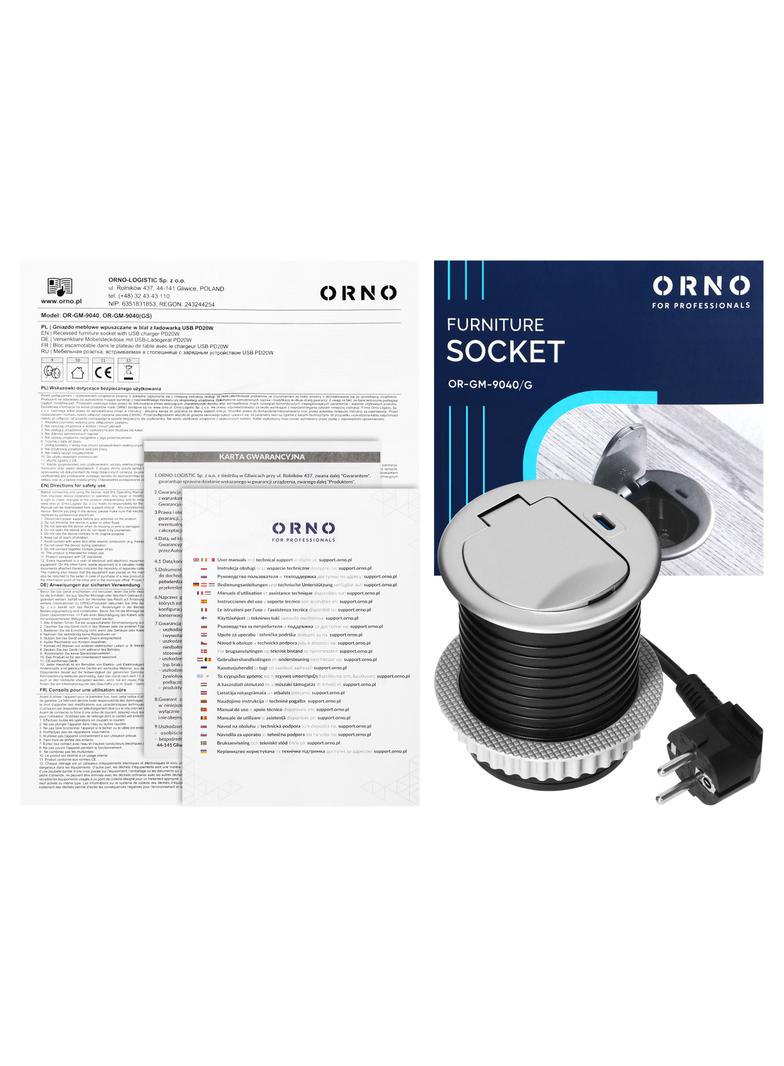 Gniazdo meblowe O6cm wpuszczane w blat z pokrywką, ładowarką USB i przewodem 1,9m, 1x2P+Z (French), OR-GM-9040/G ORNO