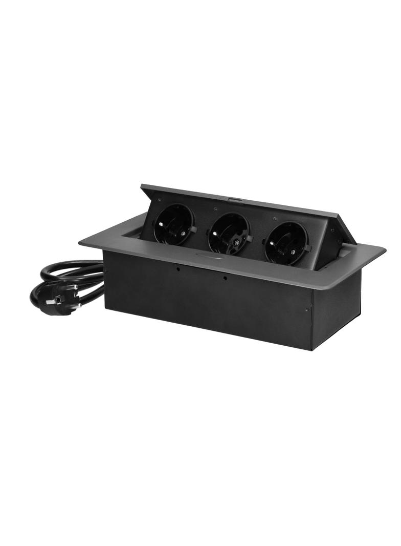 Gniazdo meblowe wpuszczane w blat z płaskim frezowanym rantem i przewodem 1,5m, 3x2P+Z (Schuko), gra