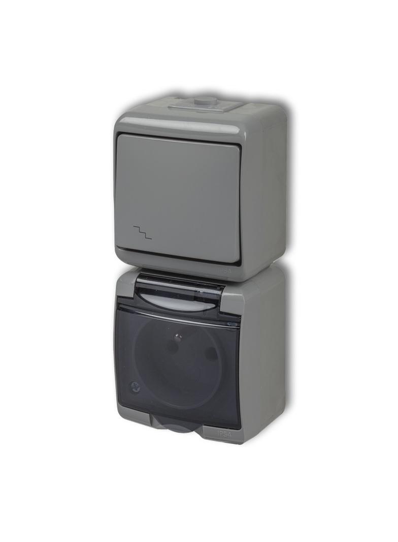 JUNIOR Łącznik schodowy z gniazdem pojedynczym z uziemieniem 2P+Z (klapka dymna; przesłony torów prą